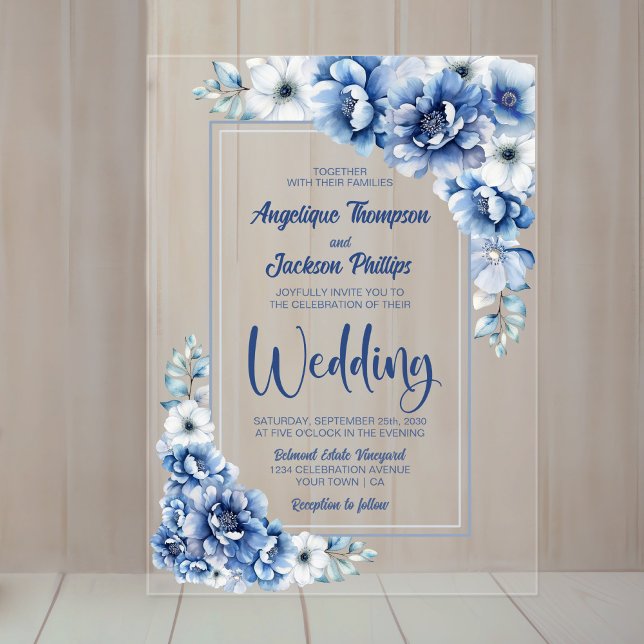 Invitaciones Acrílicas Boda floral azul moderno (Subido por el creador)
