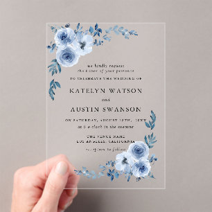 Invitaciones Acrílicas boda floral azul polvoriento color agua adorable