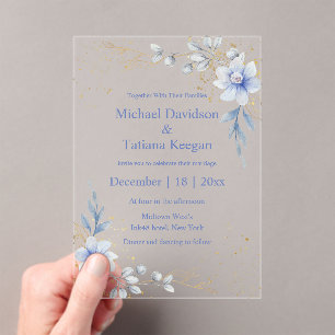 Invitaciones Acrílicas boda floral azul polvoriento de color agua moderna