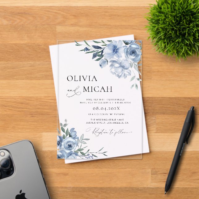 Invitaciones Acrílicas boda floral azul polvoriento de moda (Insitu (Tarjeta de Invitación))