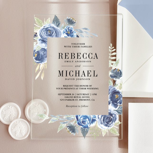 Invitaciones Acrílicas Boda Floral Azul Polvoriento Rústico (Subido por el creador)