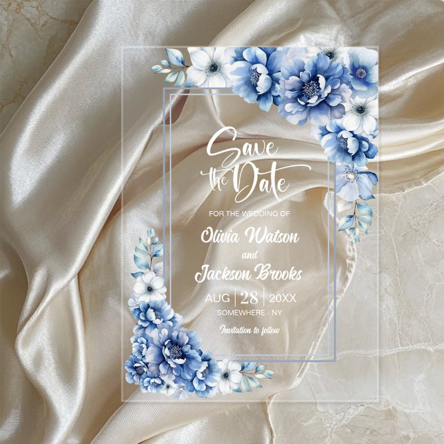 Invitaciones Acrílicas Boda floral azul salva la fecha (Subido por el creador)