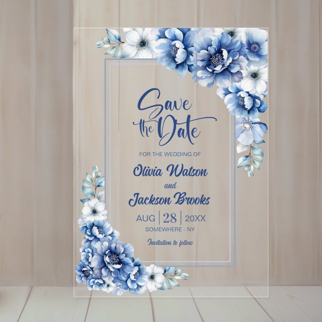 Invitaciones Acrílicas Boda floral azul salva la fecha (Subido por el creador)