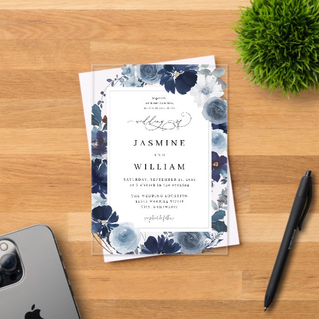 Invitaciones Acrílicas Boda floral azul y naval (Insitu (Tarjeta de Invitación))