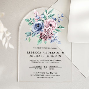 Invitaciones Acrílicas Boda floral azul y rosa polvoriento
