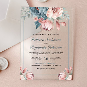 Invitaciones Acrílicas Boda floral azul y rosa polvoriento
