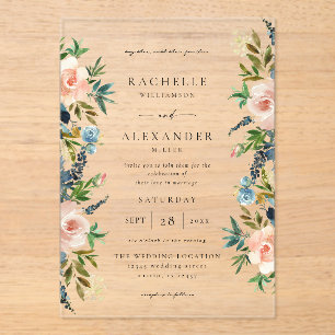 Invitaciones Acrílicas Boda floral azul y rosa V2 de la Marina