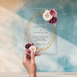 Invitaciones Acrílicas Boda floral beige burdeos marfil oro claro