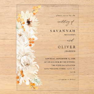 Invitaciones Acrílicas Boda floral beige y naranja