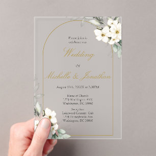 Invitaciones Acrílicas Boda floral blanca acrílica coloreada al agua