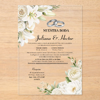 Invitaciones Acrílicas Boda floral blanca con acuarela moderna