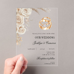 Invitaciones Acrílicas Boda floral blanca con anillo