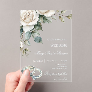 Invitaciones Acrílicas Boda floral blanca con anillo de oro