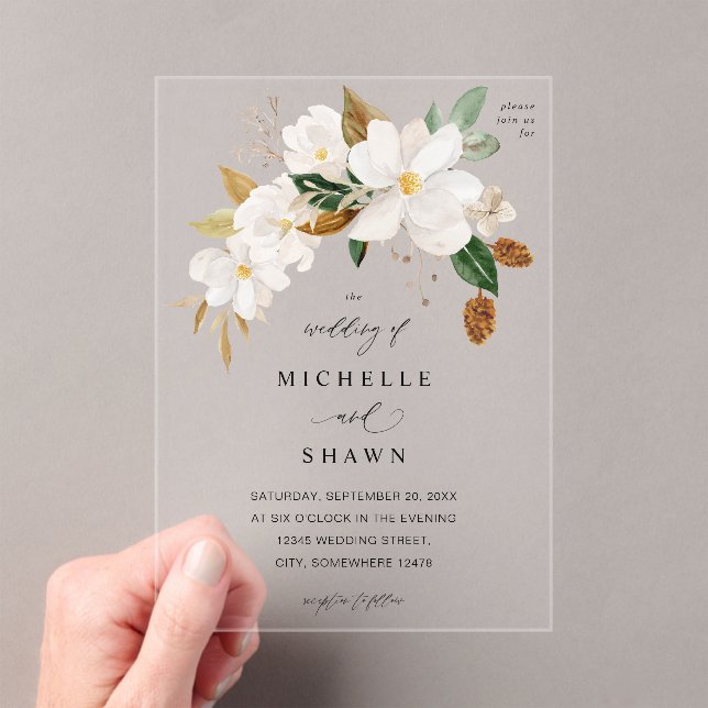 Invitaciones Acrílicas Boda Floral Blanca de Magnolia (Insitu (portátil))