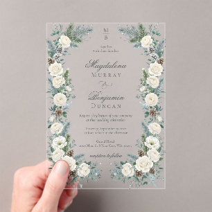 Invitaciones Acrílicas Boda floral blanca de vegetación invernal elegante