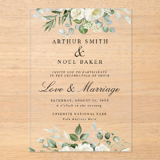 Invitaciones Acrílicas Boda floral blanca elegante personalizable