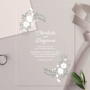 Invitaciones Acrílicas Boda Floral blanca verde