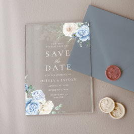 Invitaciones Acrílicas Boda floral blanca y azul salva la fecha