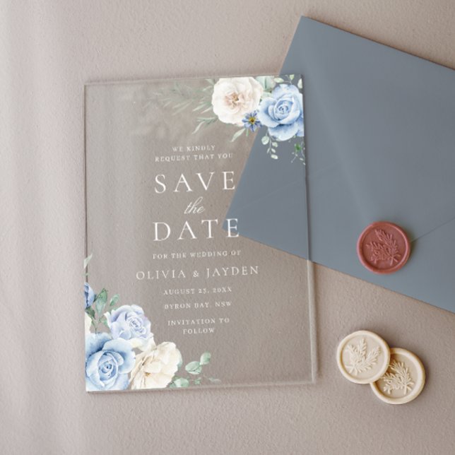 Invitaciones Acrílicas Boda floral blanca y azul salva la fecha (Subido por el creador)
