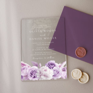 Invitaciones Acrílicas Boda floral blanca y púrpura de arco de diseñador