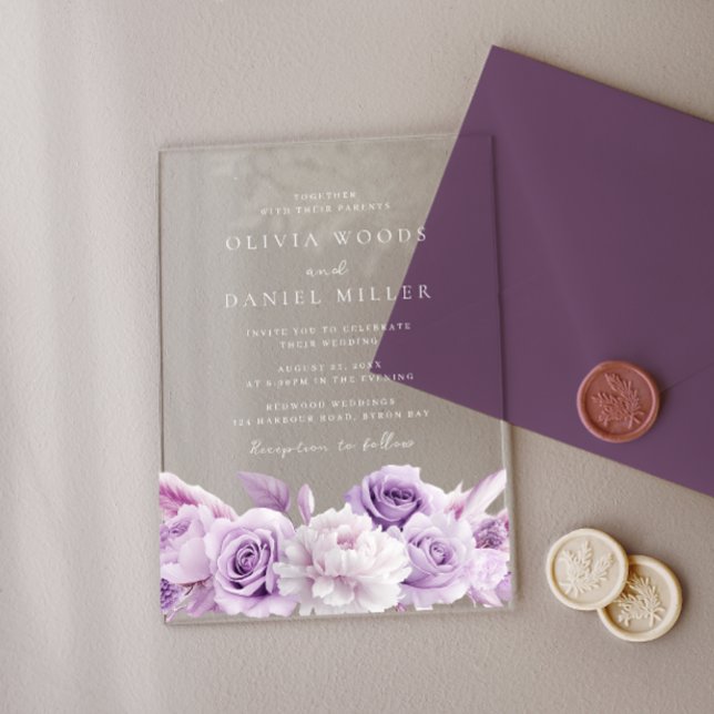 Invitaciones Acrílicas Boda floral blanca y púrpura en arco de diseño (Subido por el creador)