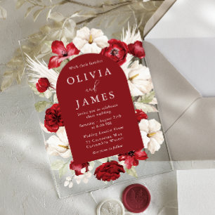 Invitaciones Acrílicas Boda floral blanca y roja romántica vibrante