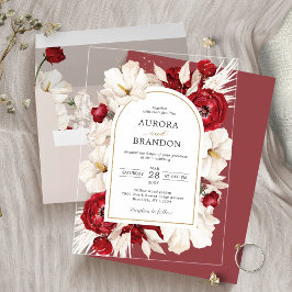 Invitaciones Acrílicas Boda floral blanca y rubí roja