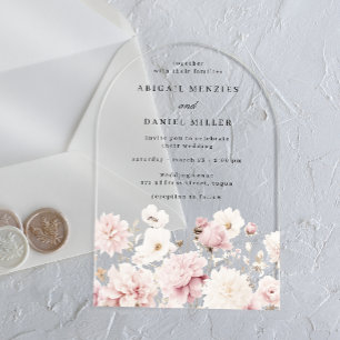 Invitaciones Acrílicas Boda floral blanco y Rubor elegante y divino