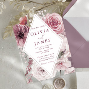 Invitaciones Acrílicas Boda floral bohemio rosa polvoriento y malva