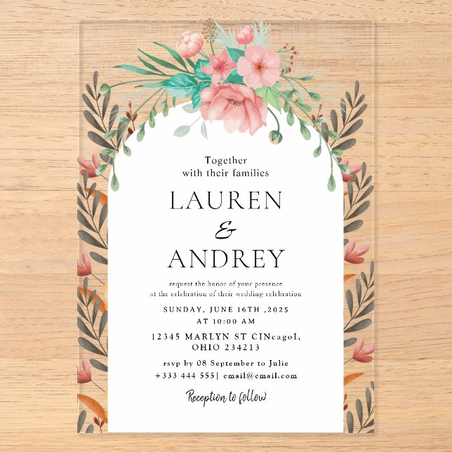 Invitaciones Acrílicas Boda floral boho (Anverso)