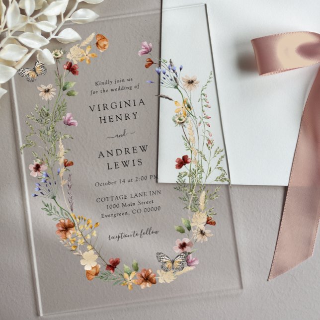 Invitaciones Acrílicas Boda Floral Boho (Boho Floral Wedding Acrylic Invitations with Butterflies by Painted Paperie
)