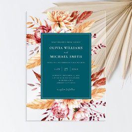 Invitaciones Acrílicas Boda Floral Boho Chic Elegante Verde Teal