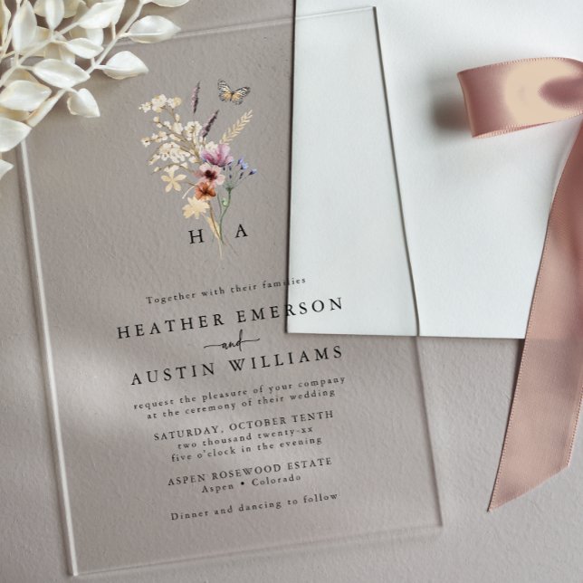 Invitaciones Acrílicas Boda Floral Boho con Monograma (Boho Floral Monogrammed Wedding Acrylic Invitations with Butterfly by Painted Paperie
)