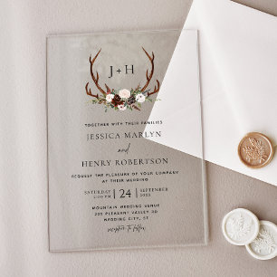 Invitaciones Acrílicas Boda Floral Boho Rústica con Cuerno de Ciervo