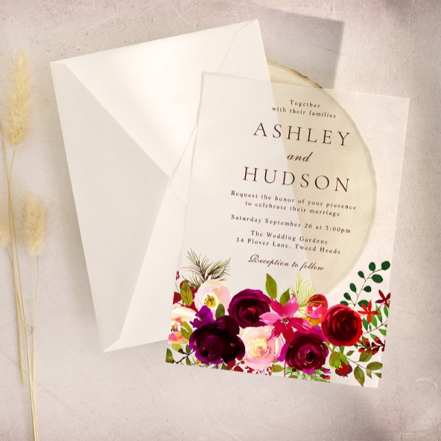 Invitaciones Acrílicas Boda Floral Borgoña de Boho (Subido por el creador)