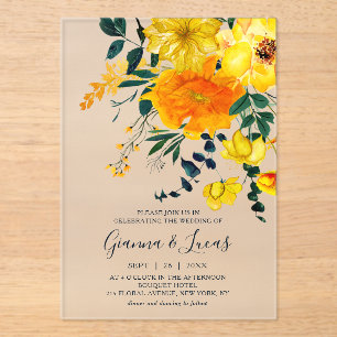Invitaciones Acrílicas Boda floral botánica de acuarela amarilla elegante