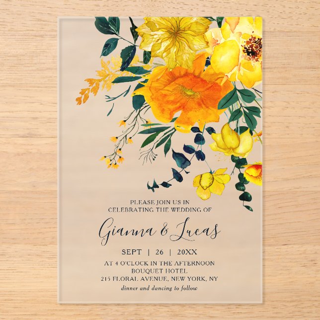 Invitaciones Acrílicas Boda floral botánica de acuarela amarilla elegante (Anverso)