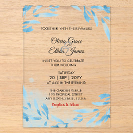 Invitaciones Acrílicas Boda floral botánica de hojas azul acuarela