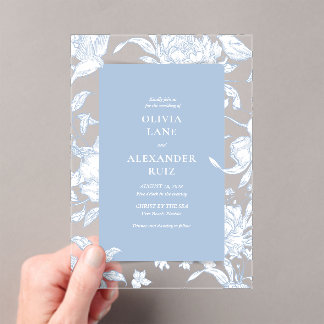 Invitaciones Acrílicas Boda floral botánica del pájaro azul francés