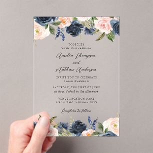 Invitaciones Acrílicas Boda floral botánica elegante rosa y azul marino