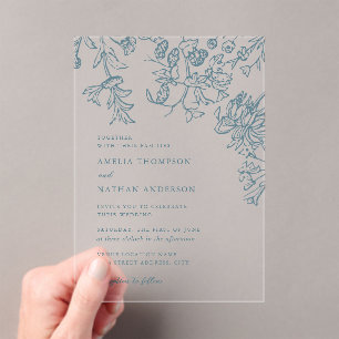Invitaciones Acrílicas Boda Floral Botánica Elegante Teal Rústica
