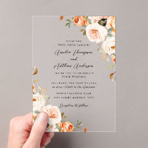 Invitaciones Acrílicas Boda Floral Botánica Rústica Melocotón Rubor