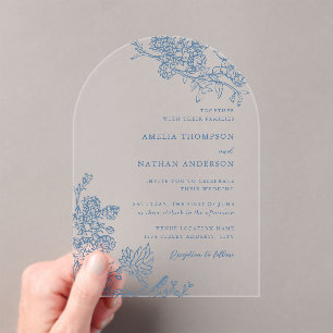 Invitaciones Acrílicas Boda Floral Botánica Vintage Azul Polvoriento