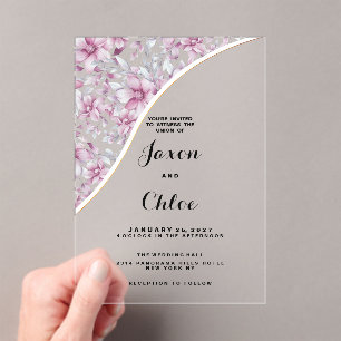 Invitaciones Acrílicas Boda floral botánico de color de agua rosa gris