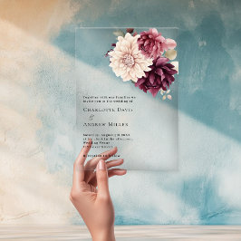 Invitaciones Acrílicas Boda floral burgundy crema beige transparente
