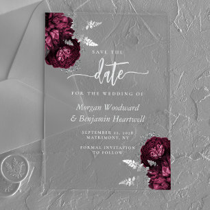Invitaciones Acrílicas Boda Floral Burgundy Plata Save the Date
