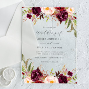 Invitaciones Acrílicas Boda Floral Burgundy Rubor Floración