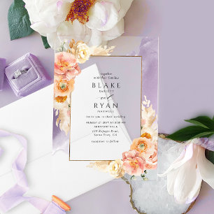 Invitaciones Acrílicas Boda floral chic en púrpura, melocotón, rubor y cr