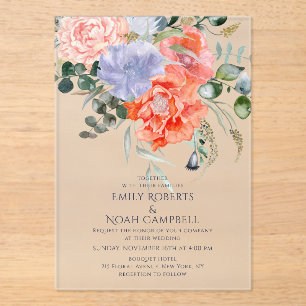 Invitaciones Acrílicas Boda floral color agua rosa y azul de Rubor