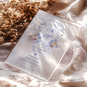 Invitaciones Acrílicas Boda floral con cresta azul polvorienta